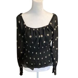 Madewell Small Black Ruched White Floral Print Long Sleeve Blouse-2021